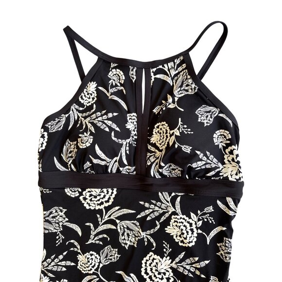Lands' End One Piece Maillot Black White Floral‎ Size 14 Shelf Bra Adj Straps - Picture 2 of 11